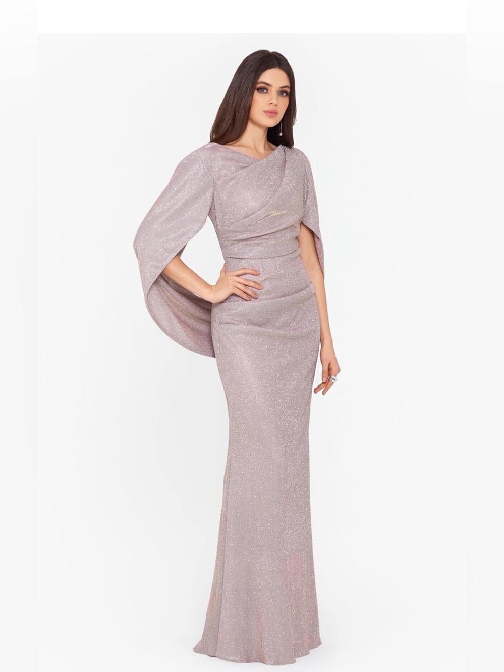 NWT Betsy & Adam 16W Metallic Shimmer Cape Sleeve Draped Back Gown Blush wn